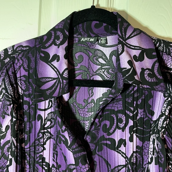 APT 9 pleated long bell sleeve button up shirt purple and black lace pattern 2X - Picture 2 of 13